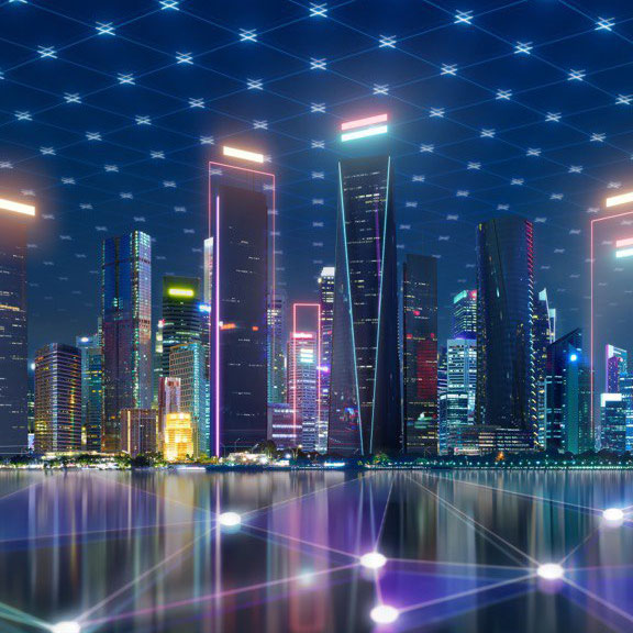 glowing buildings